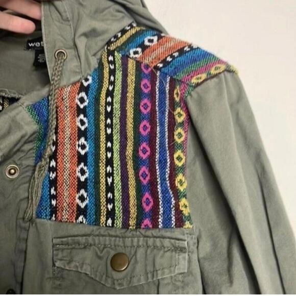 Wet Seal 100% Cotton Green Cargo Utility Hooded Jacket Southwest Patteren - Picture 2 of 9